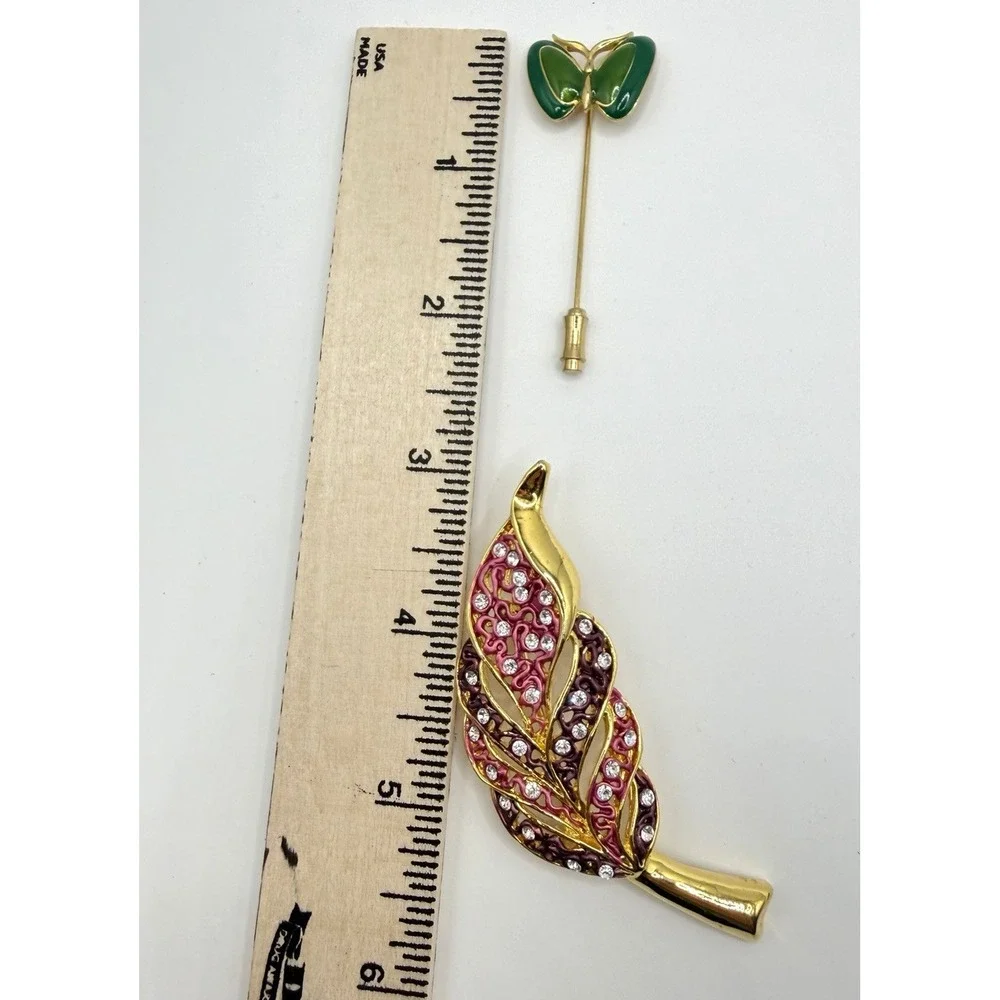 Vintage Leaf Brooch Lot Gold Tone Enamel Rhinestone Pins Blue Pink Green 4pc
